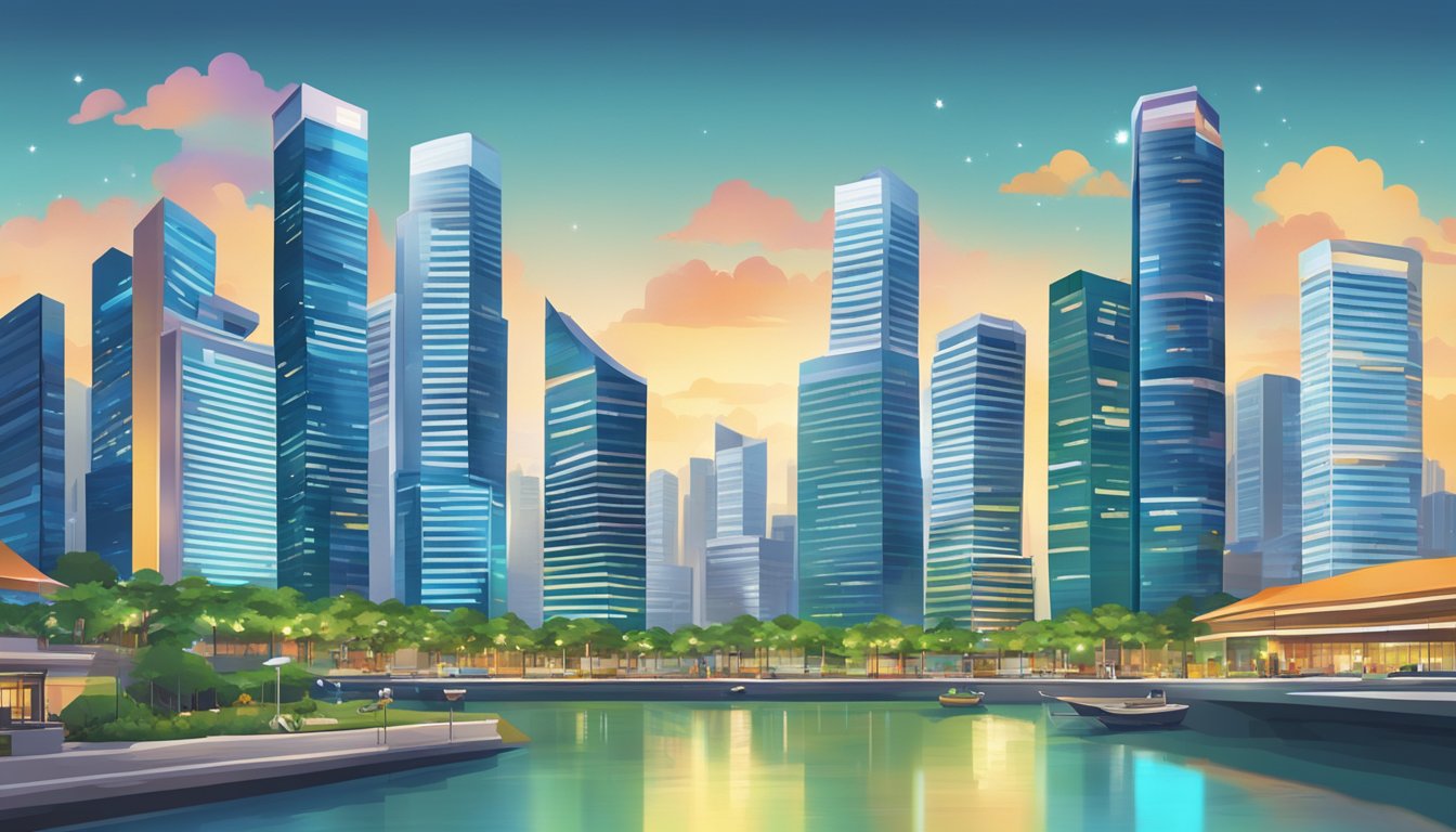 A bustling city skyline with modern high-rise buildings and a vibrant real estate market in Singapore