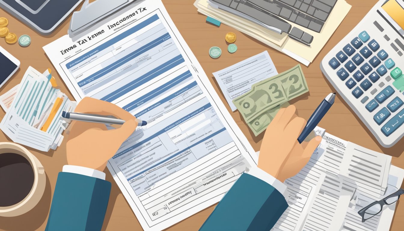 A person filling out a personal income tax form with various financial documents spread out on a desk