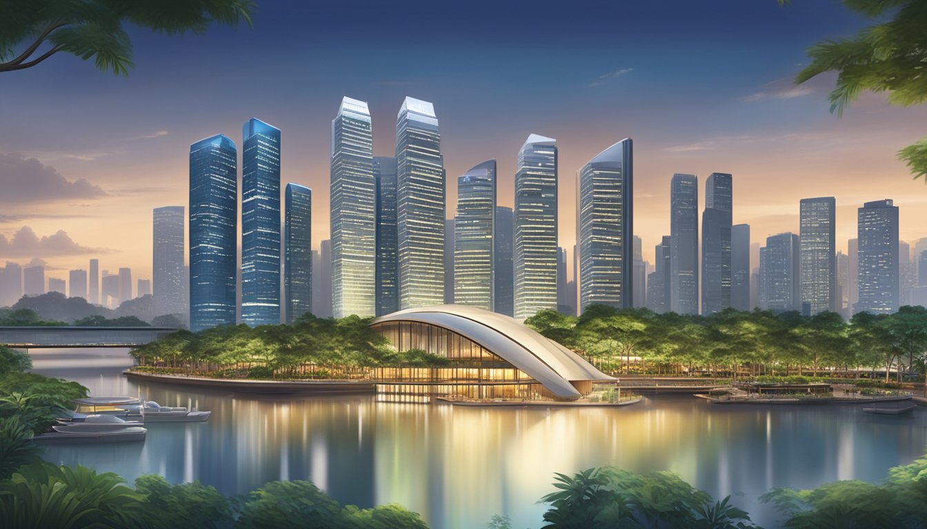 A bustling cityscape with modern skyscrapers and residential buildings, surrounded by lush greenery and waterfront views, showcasing the diversity of the Singapore property market