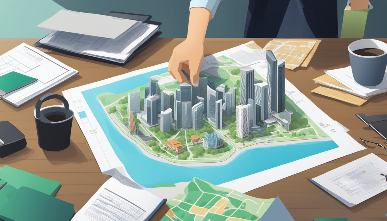 A real estate agent examines a map of Singapore, highlighting potential investment properties. They organize documents and research data on a desk