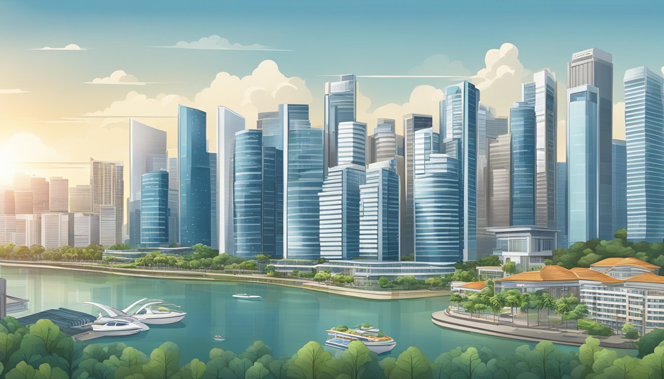 A modern city skyline with high-rise buildings and commercial properties in Singapore, showcasing the concept of property ownership and land tenure investment