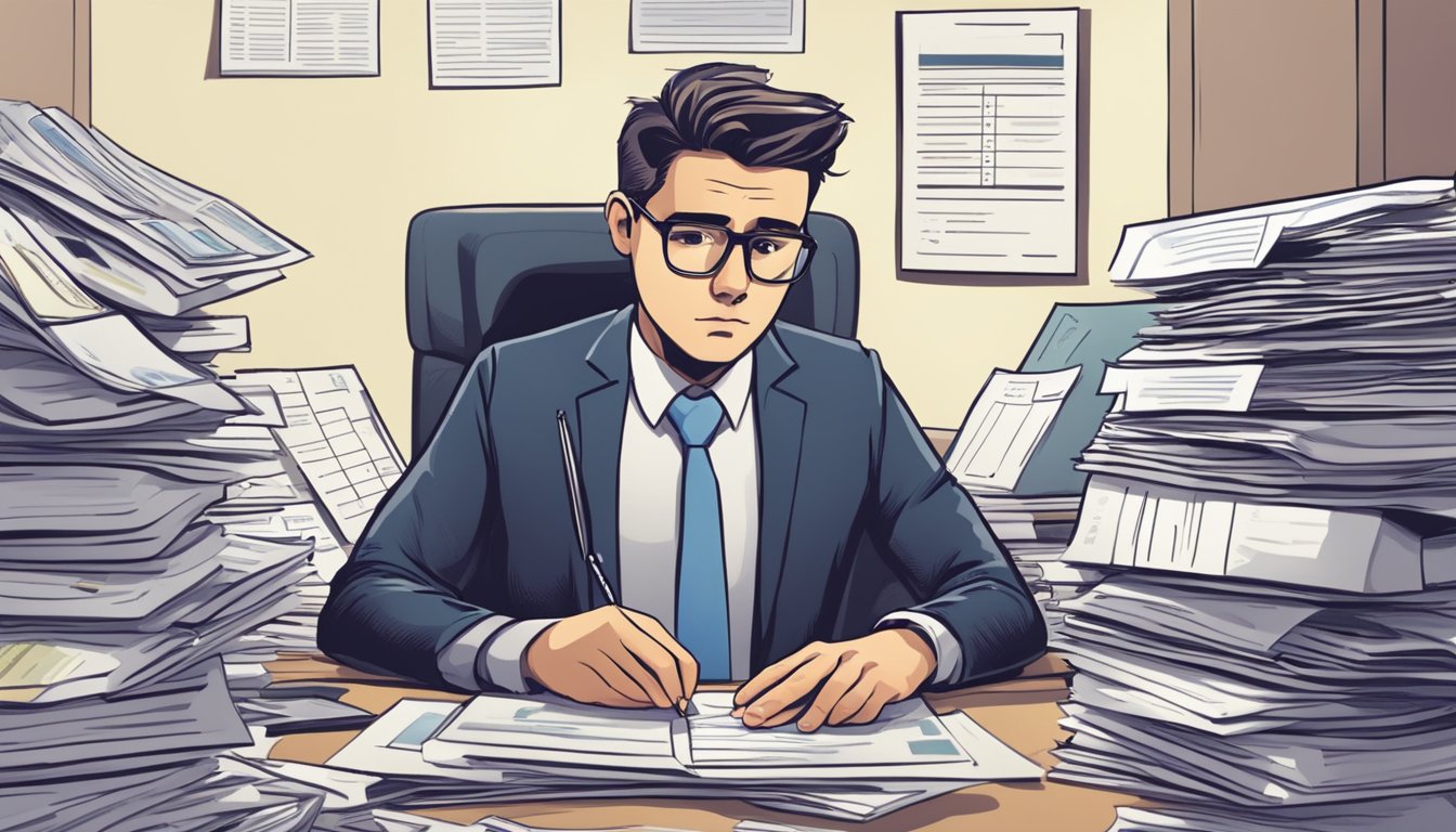 A person sitting at a desk surrounded by tax forms, calculator, and financial documents, with a worried expression on their face