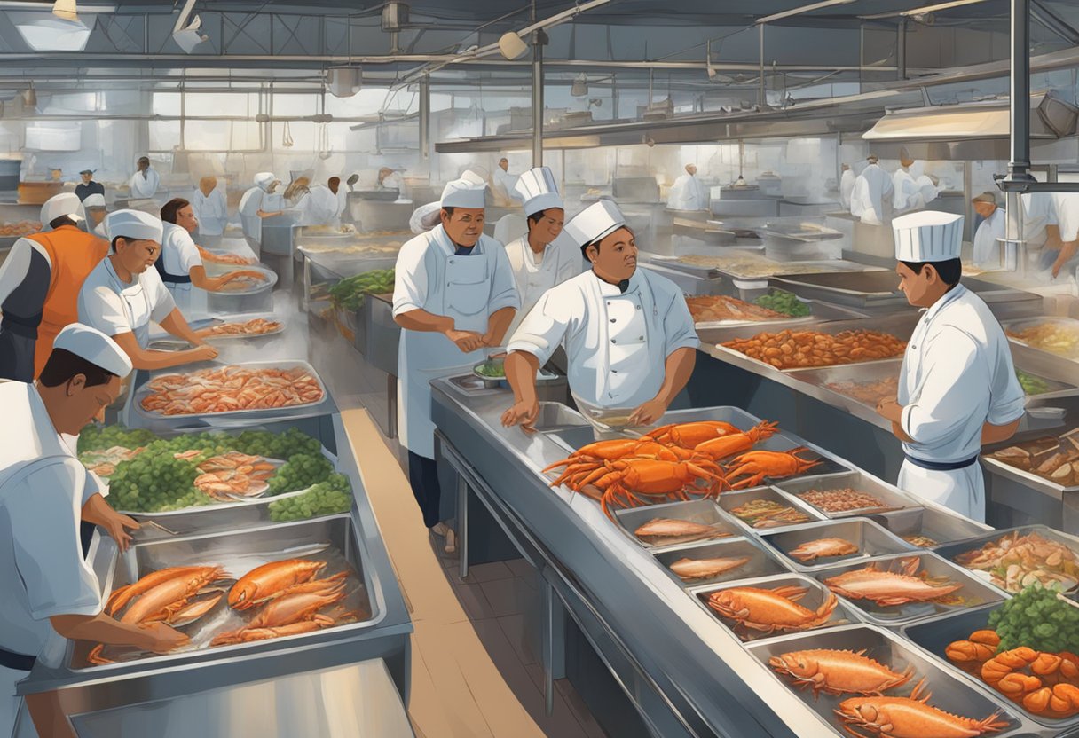 A bustling seafood market with tanks of live fish, crabs, and lobsters. Chefs prepare dishes in open kitchens as diners watch the live seafood being cooked