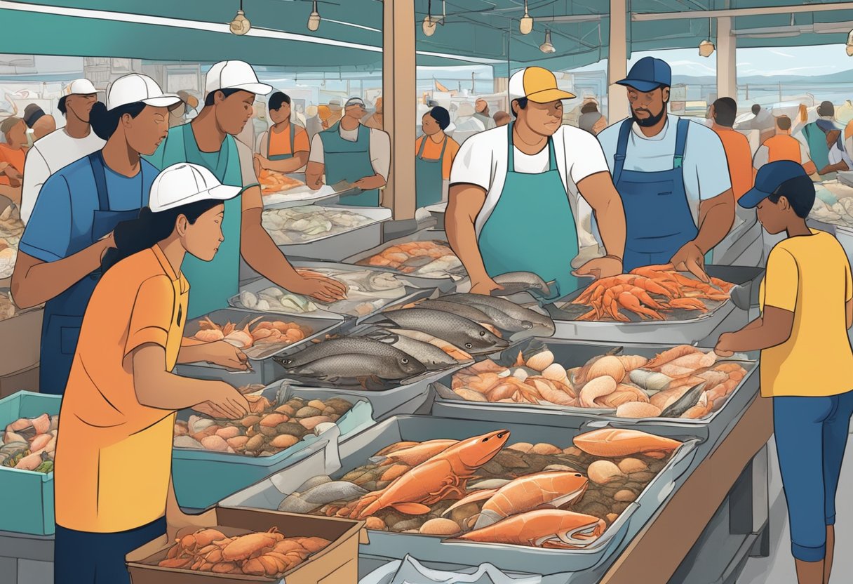 A bustling seafood market with tanks of live fish, crabs, and shellfish. Customers point and ask questions as vendors scoop out their selections