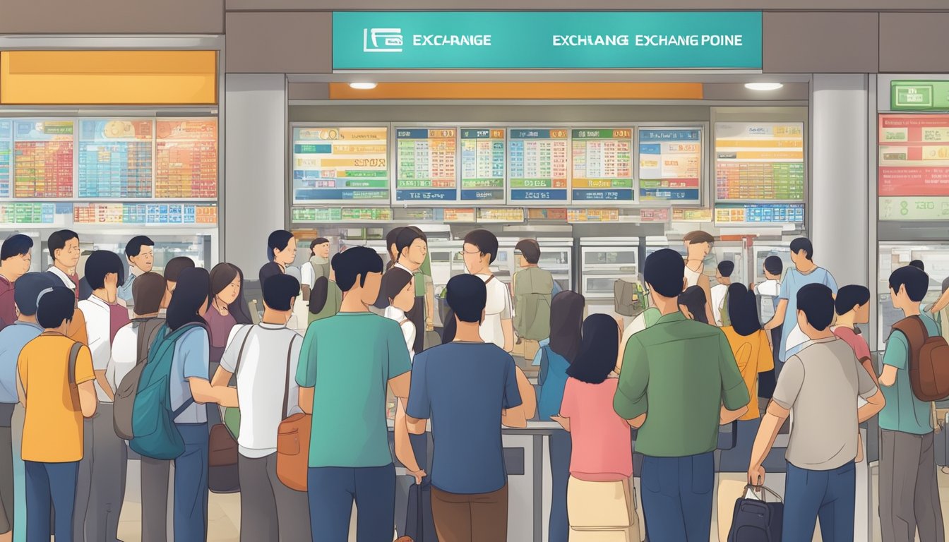 The bustling currency exchange scene in Toa Payoh, Singapore, with various exchange rates displayed and customers queuing at the counters