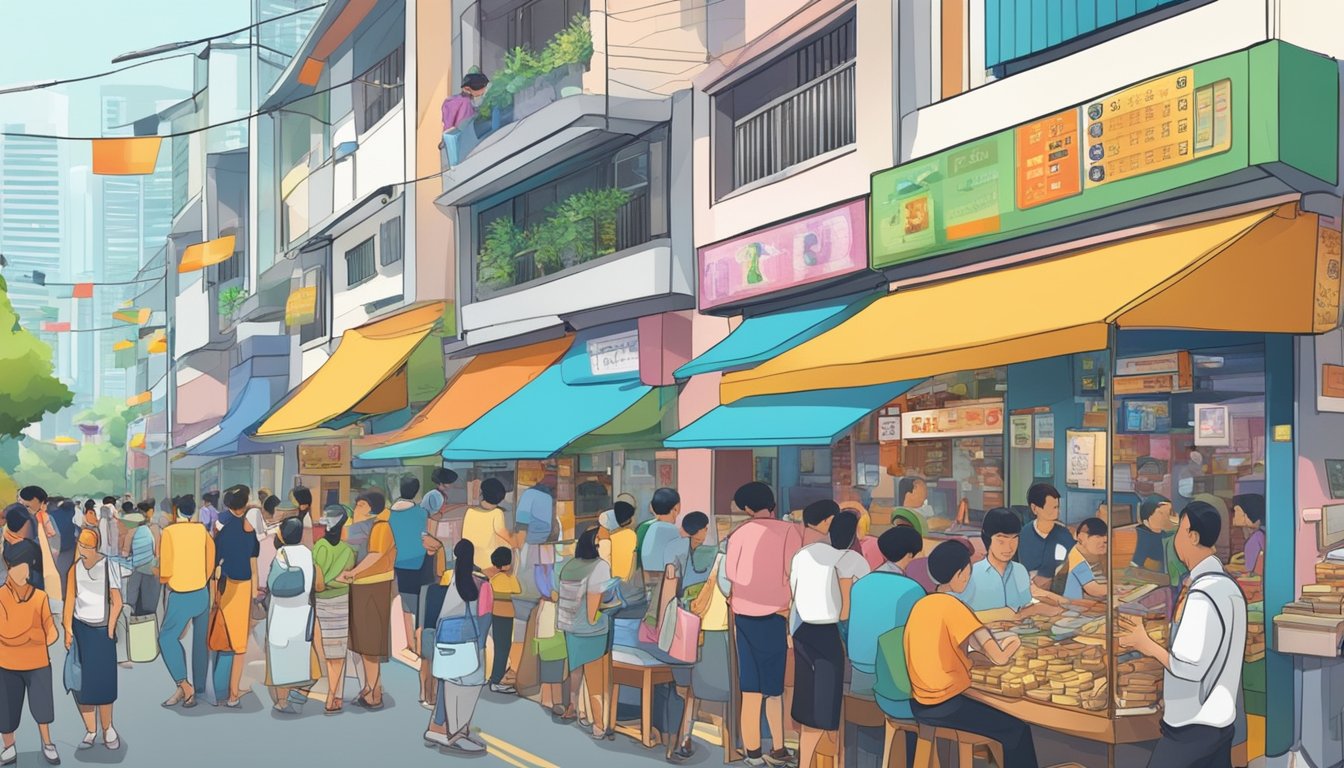 A bustling street in Toa Payoh, Singapore, with colorful money changer stalls and busy customers exchanging currency