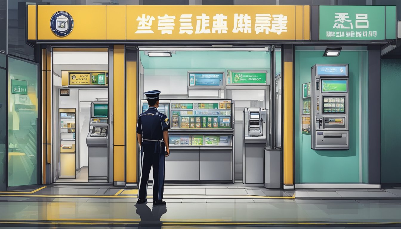 A security guard stands watch outside a secure money changer in Toa Payoh, Singapore. CCTV cameras and alarm systems are visible, ensuring safety for customers and employees