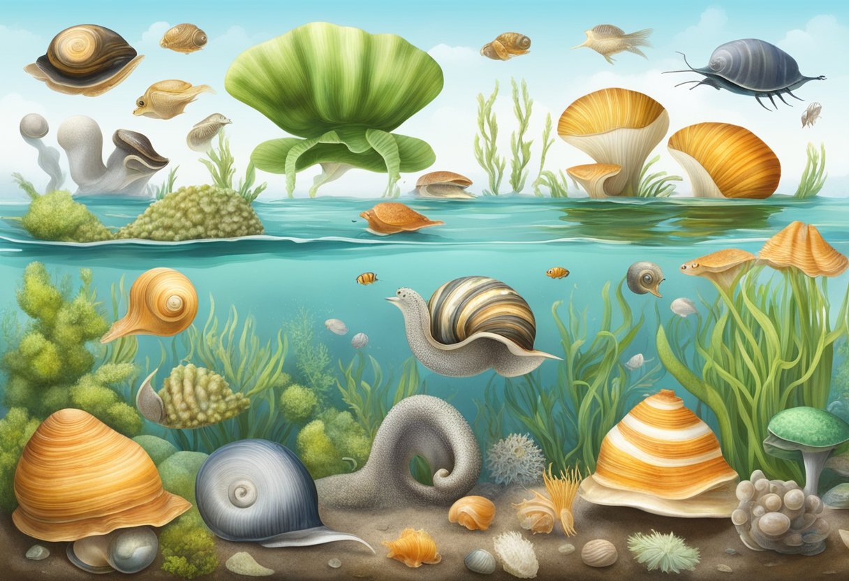 A variety of mollusks, such as snails, clams, and octopuses, are shown consuming a range of foods including algae, plankton, and small fish