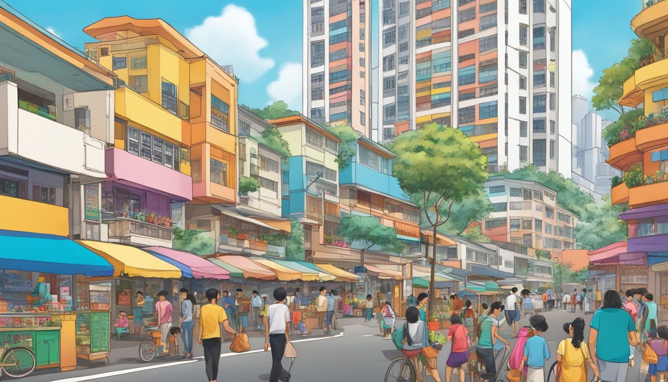 The bustling streets of Toa Payoh are lined with colorful shops and market stalls, while the iconic HDB buildings loom in the background. The vibrant mix of cultural and commercial activity creates a lively and dynamic scene