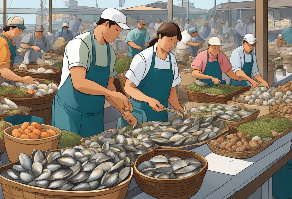 Molluscs being harvested and prepared for consumption in a bustling market setting. Baskets of fresh seafood, vendors shucking oysters, and customers selecting their favorite shellfish