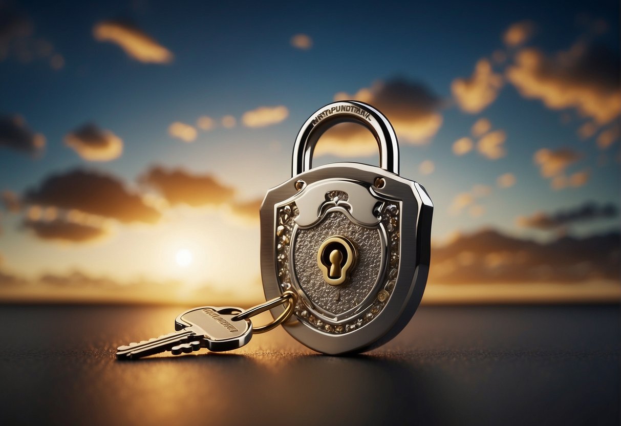 A lock and key symbolizing security, surrounded by a shield for privacy, with a cloud and VPN logo in the background