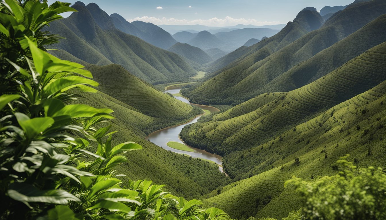 Lush green mountains rise above winding rivers and colorful flora in Swaziland's nature reserves. Wildlife roams freely in the untouched landscapes, creating a serene and captivating scene for exploration