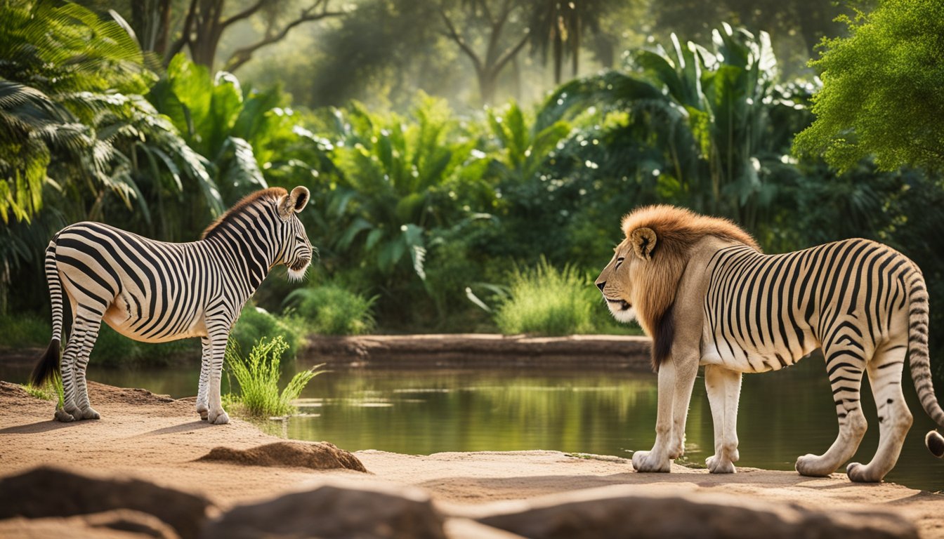 Lush greenery surrounds a watering hole, where a variety of animals gather to drink. A majestic lion watches over the scene, while zebras, giraffes, and elephants peacefully coexist in the background