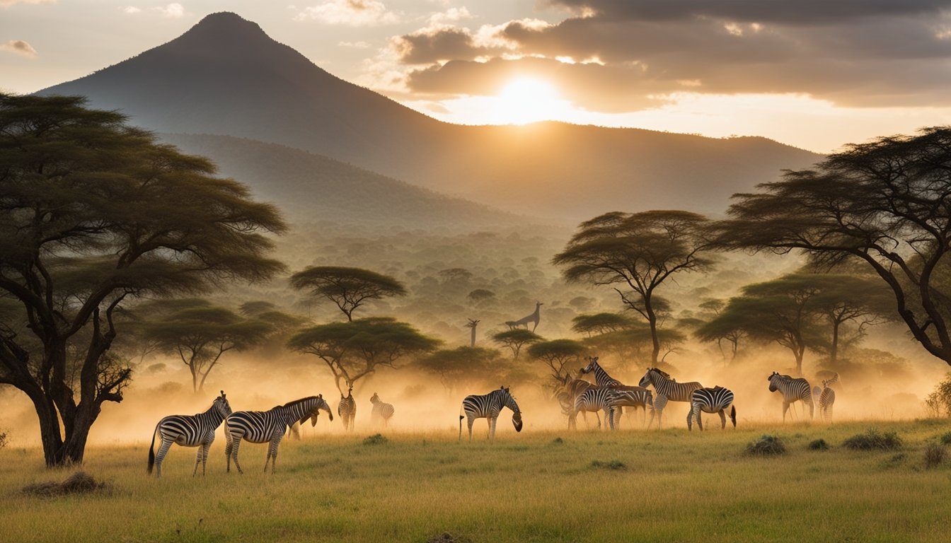 Lush green forests, rolling hills, and diverse wildlife in Swaziland's nature reserves. A safari vehicle traverses a dirt road, passing by grazing zebras and majestic giraffes. The sun sets behind the mountains, casting a warm glow