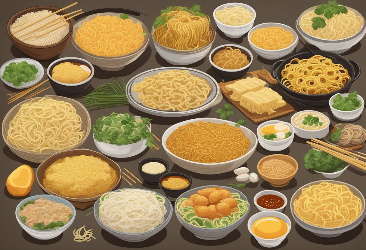 A table filled with various noodle types from around the world, including Italian pasta, Japanese ramen, Chinese egg noodles, and Thai rice noodles