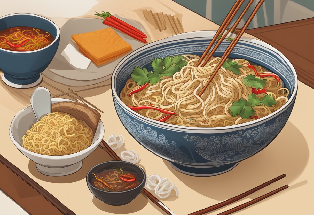 A steaming bowl of "Frequently Asked Questions Noodles" sits on a table, surrounded by chopsticks and a pair of red chili peppers