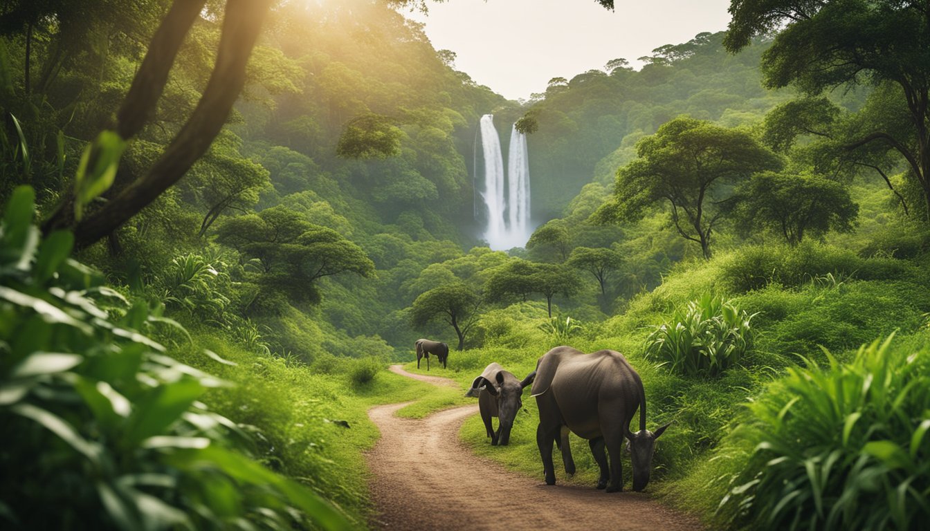 Lush greenery surrounds a winding trail, leading to a serene waterfall. Colorful birds flit among the trees, while a family of warthogs grazes nearby