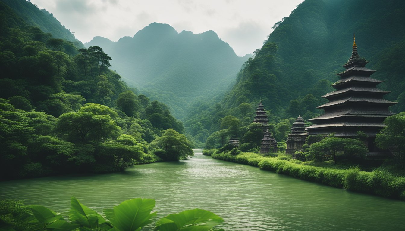 A serene landscape of lush green mountains and tranquil rivers, with ancient temples nestled among the trees. A sense of mystery and intrigue lingers in the air