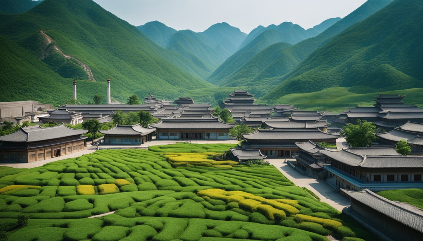 A serene landscape of North Korea's hidden gems, with lush green mountains, traditional architecture, and colorful local markets