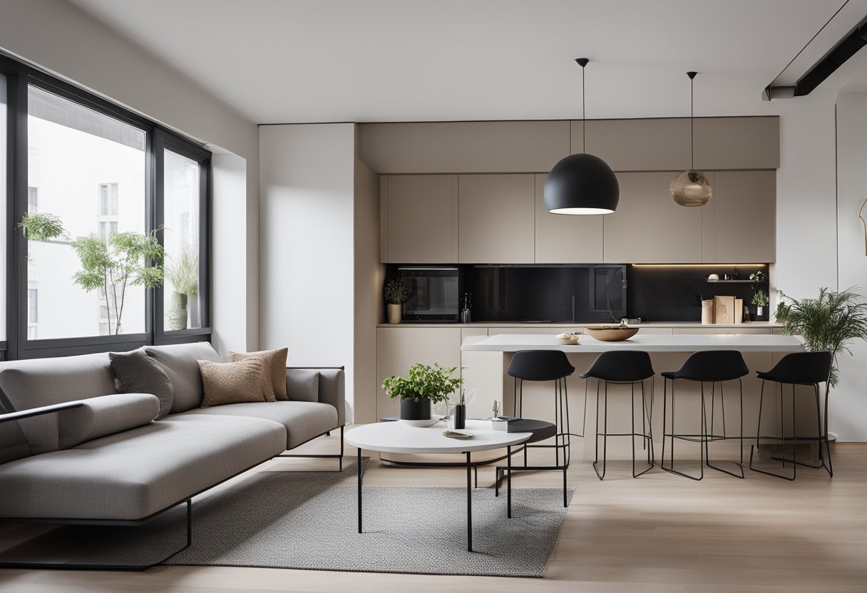 A modern 47 sqm interior with 2 rooms. Clean lines, neutral colors, and minimalistic furniture