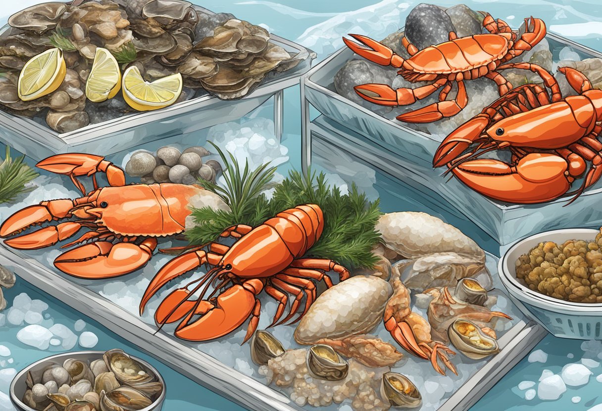 A variety of fresh seafood, including lobster, crab, and oysters, displayed on ice in a upscale market setting