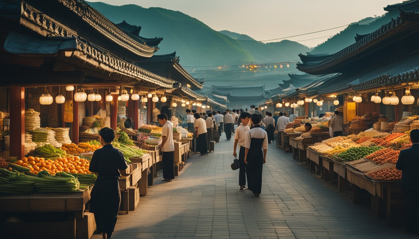 A bustling market in Pyongyang, colorful stalls and traditional architecture, surrounded by lush green mountains