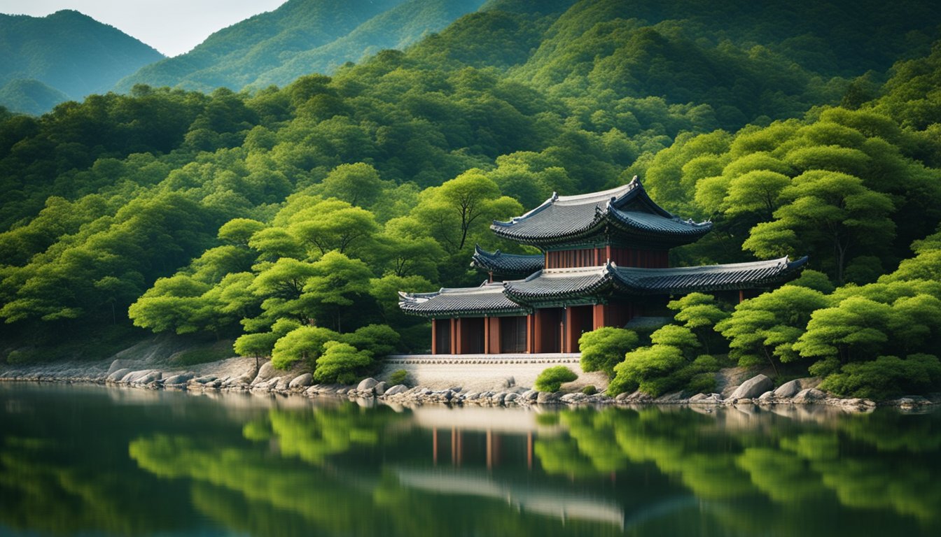 A serene landscape of lush mountains and tranquil rivers, with traditional Korean architecture nestled among the trees. A sense of mystery and beauty emanates from the hidden gems of North Korea