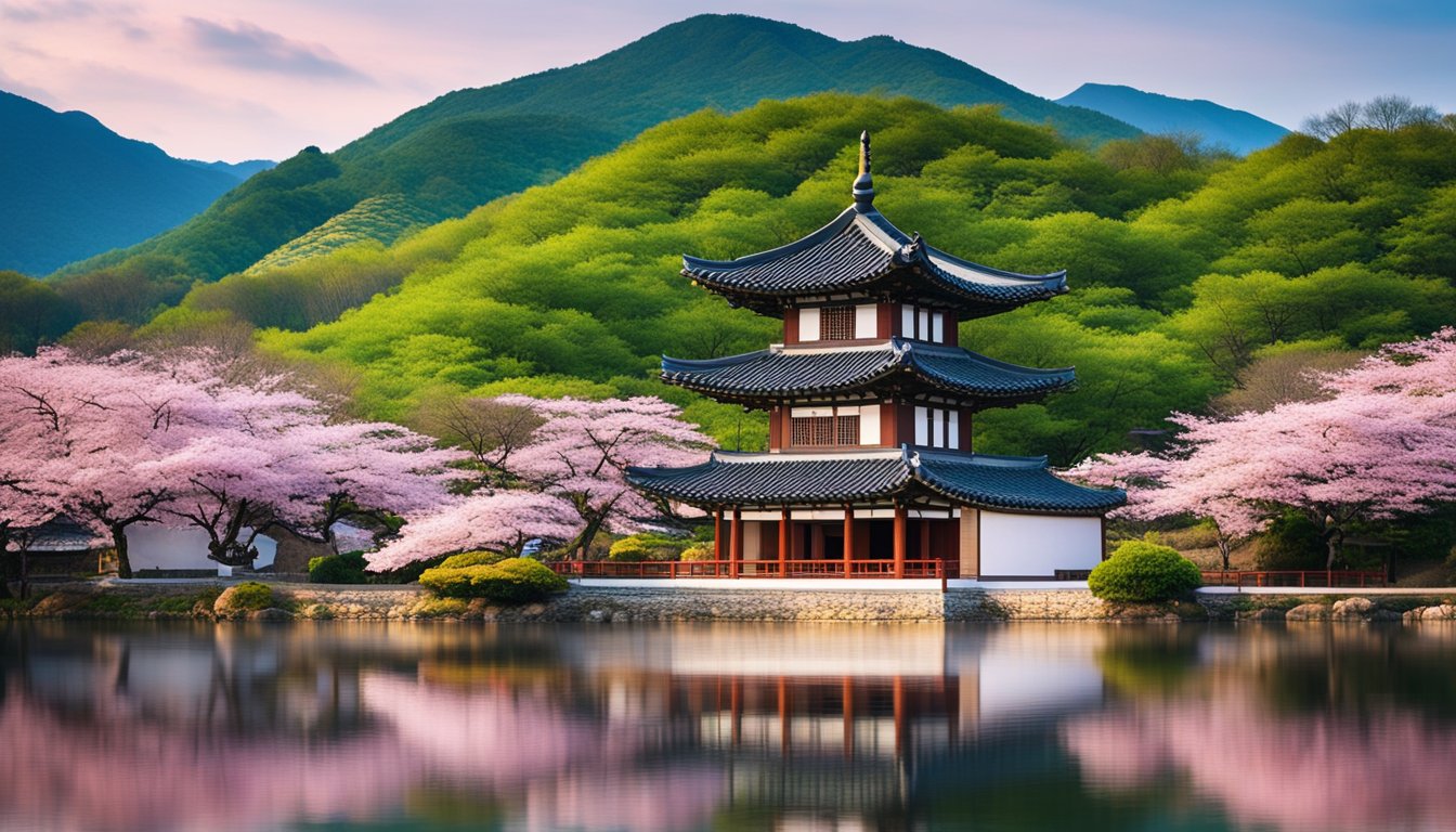 A traditional Korean pagoda stands tall against a backdrop of lush mountains, surrounded by vibrant cherry blossom trees and a serene flowing river