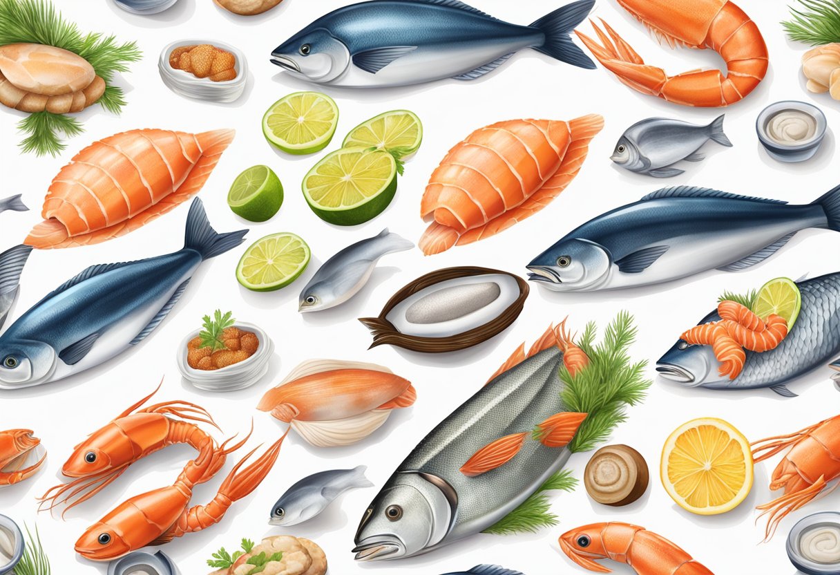 A variety of fresh seafood products are neatly arranged on a clean, white background, with clear packaging and labels from Seaco