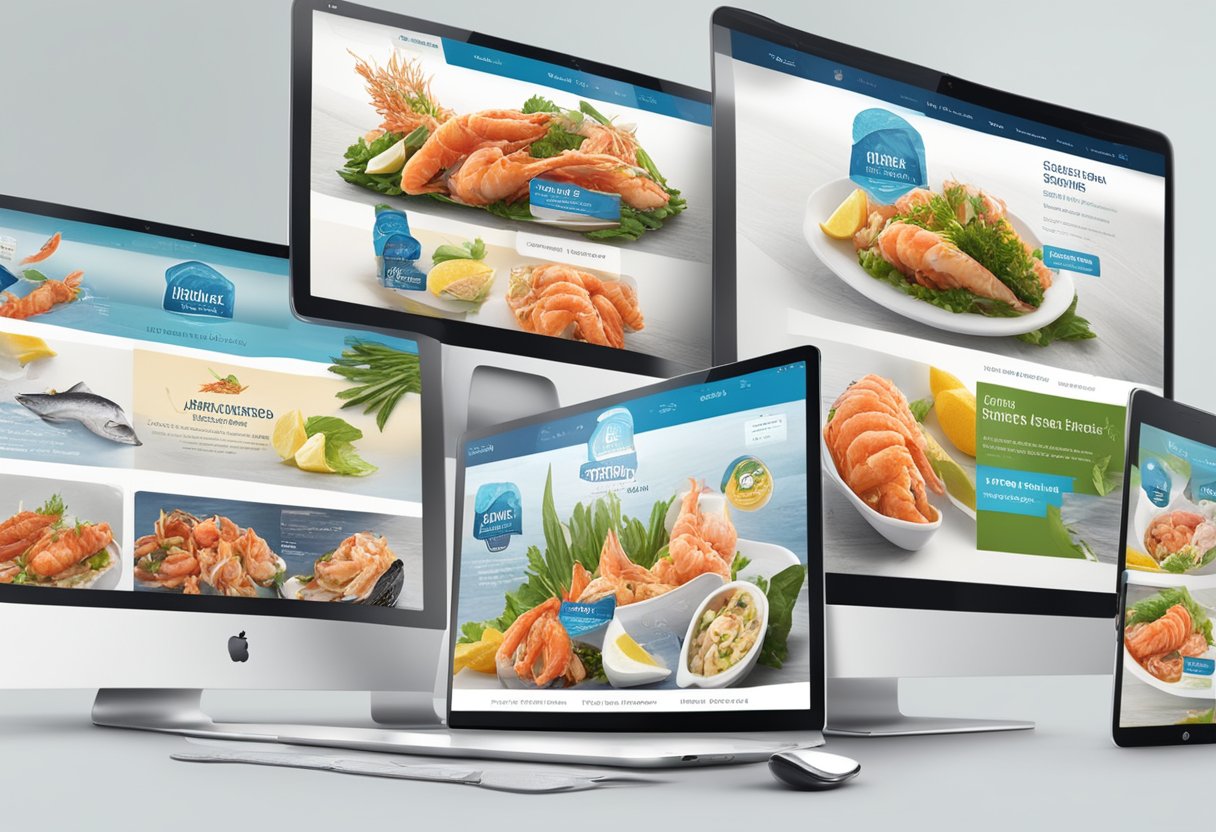 A variety of premium seafood products displayed on a clean, modern website. Clear labels and vibrant colors enhance the visual appeal