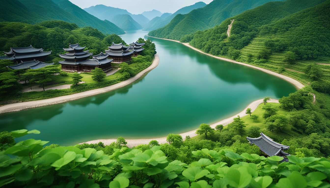 A serene landscape of lush mountains and tranquil rivers, with traditional Korean architecture nestled among the greenery. The scene exudes a sense of mystery and adventure, inviting the viewer to explore the hidden gems of North Korea