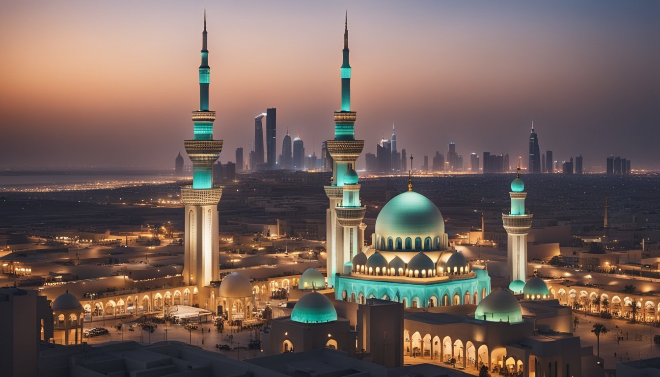 A bustling Kuwait City skyline overlooks the traditional souks and historic landmarks, with a backdrop of the iconic Kuwait Towers and the serene Arabian Gulf