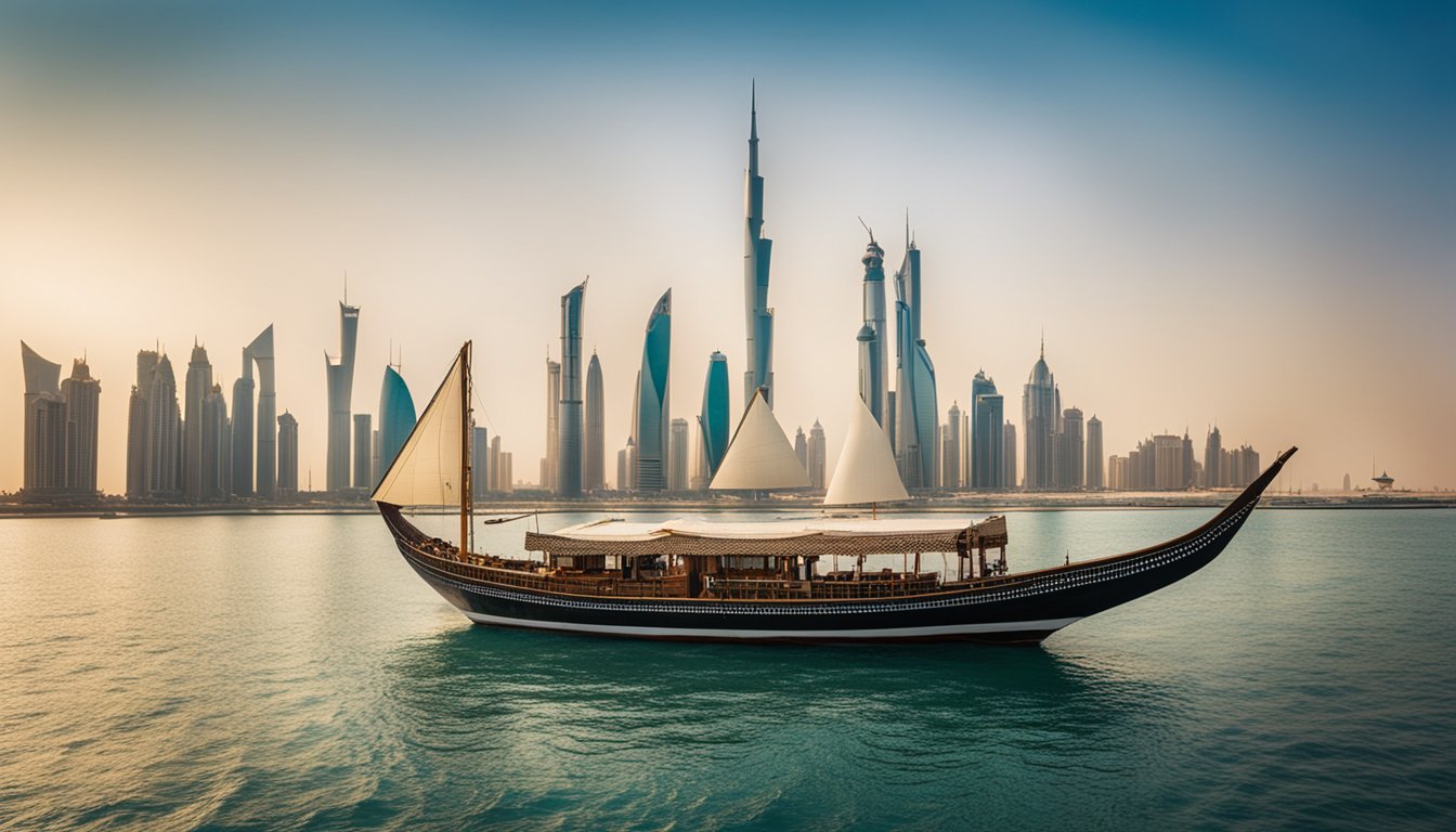 A traditional Kuwaiti dhow sailing across the shimmering waters of the Arabian Gulf, with the iconic Kuwait Towers standing proudly in the background, embodying the rich heritage and history of the country