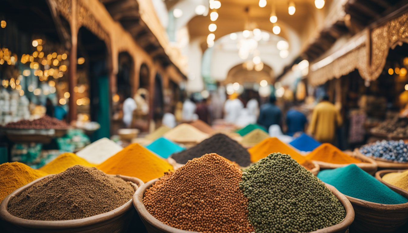 A bustling traditional Kuwaiti market with colorful textiles, intricate pottery, and aromatic spices. The backdrop of ancient architecture and lively street vendors adds to the vibrant atmosphere