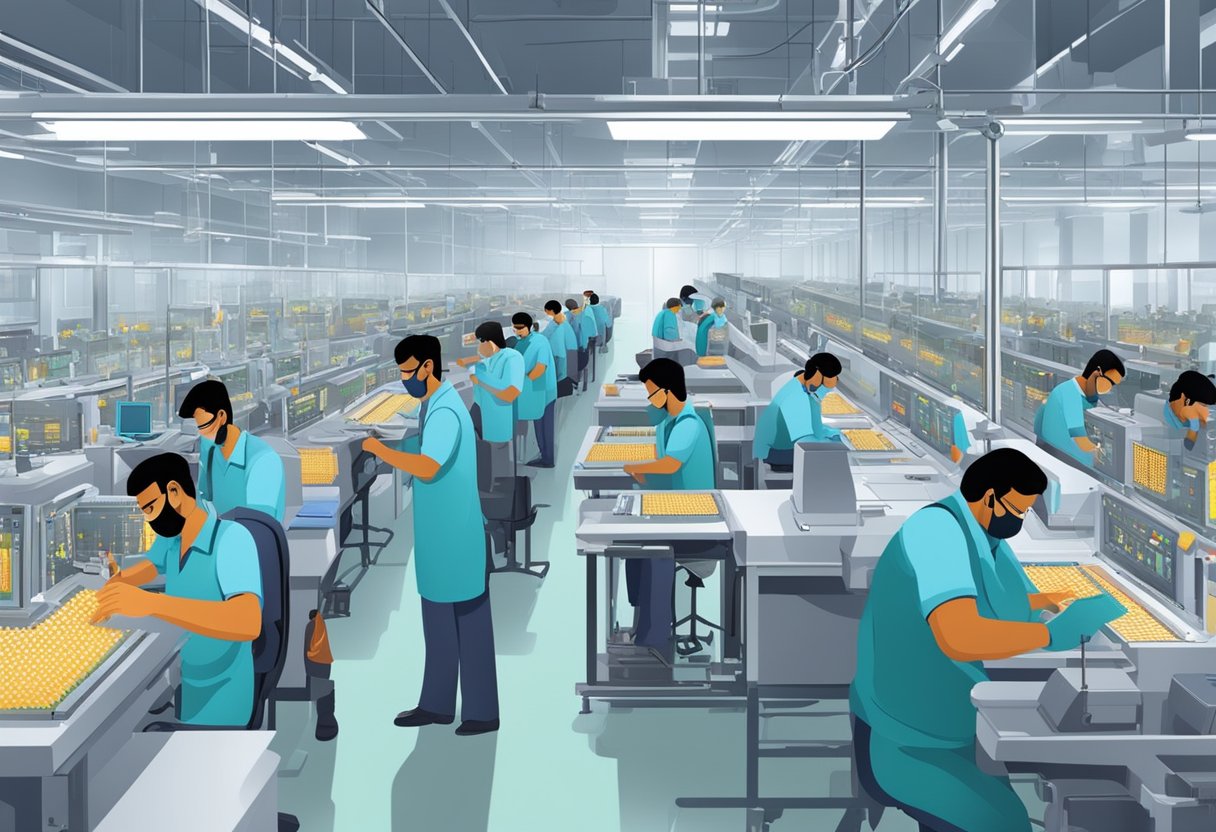 A bustling semiconductor chip factory in India, with machines humming and workers busy assembling and testing chips for various electronic devices