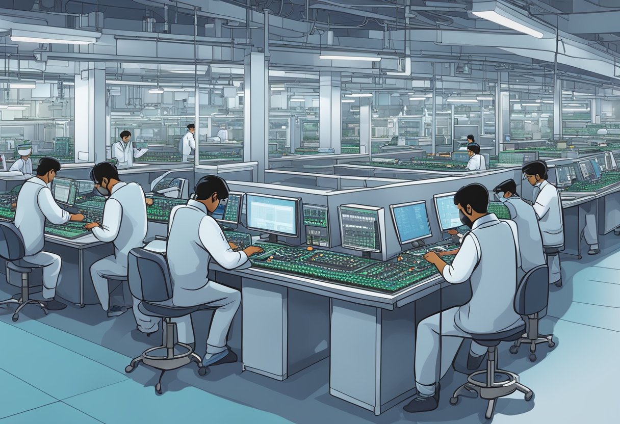 A bustling semiconductor chip factory in India with workers operating machinery and assembling electronic components