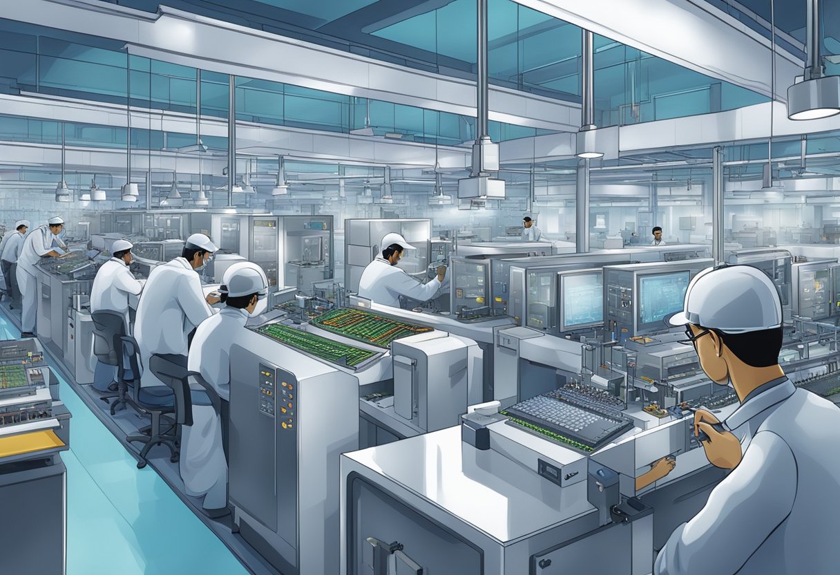 A bustling semiconductor chip factory in India, with workers operating machinery and engineers conducting tests, amidst a backdrop of advanced technology and innovation