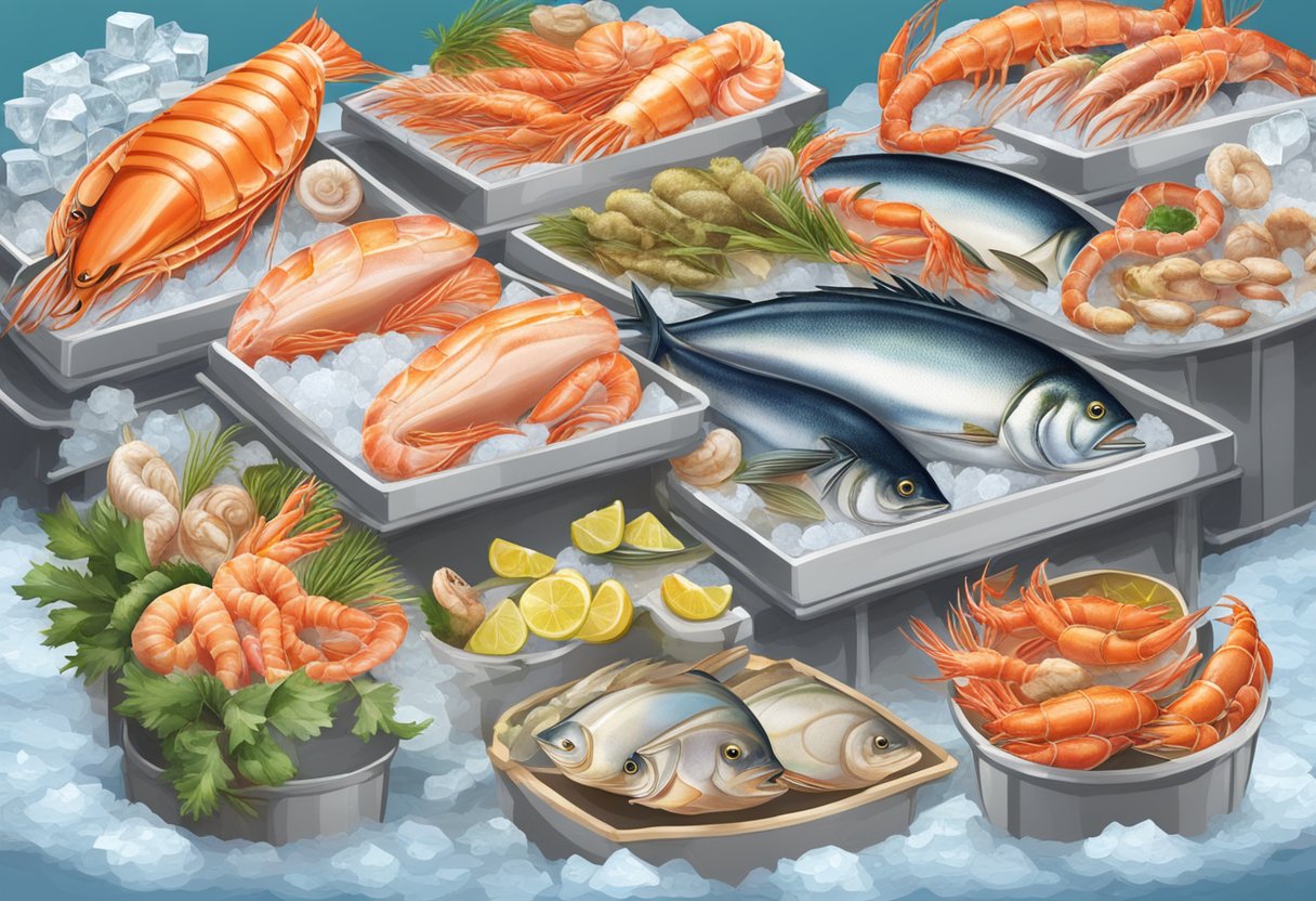 A colorful display of fresh seafood on ice, with a variety of fish, shrimp, and shellfish. A sign advertises "Seaco's Seafood Selection" with special deals
