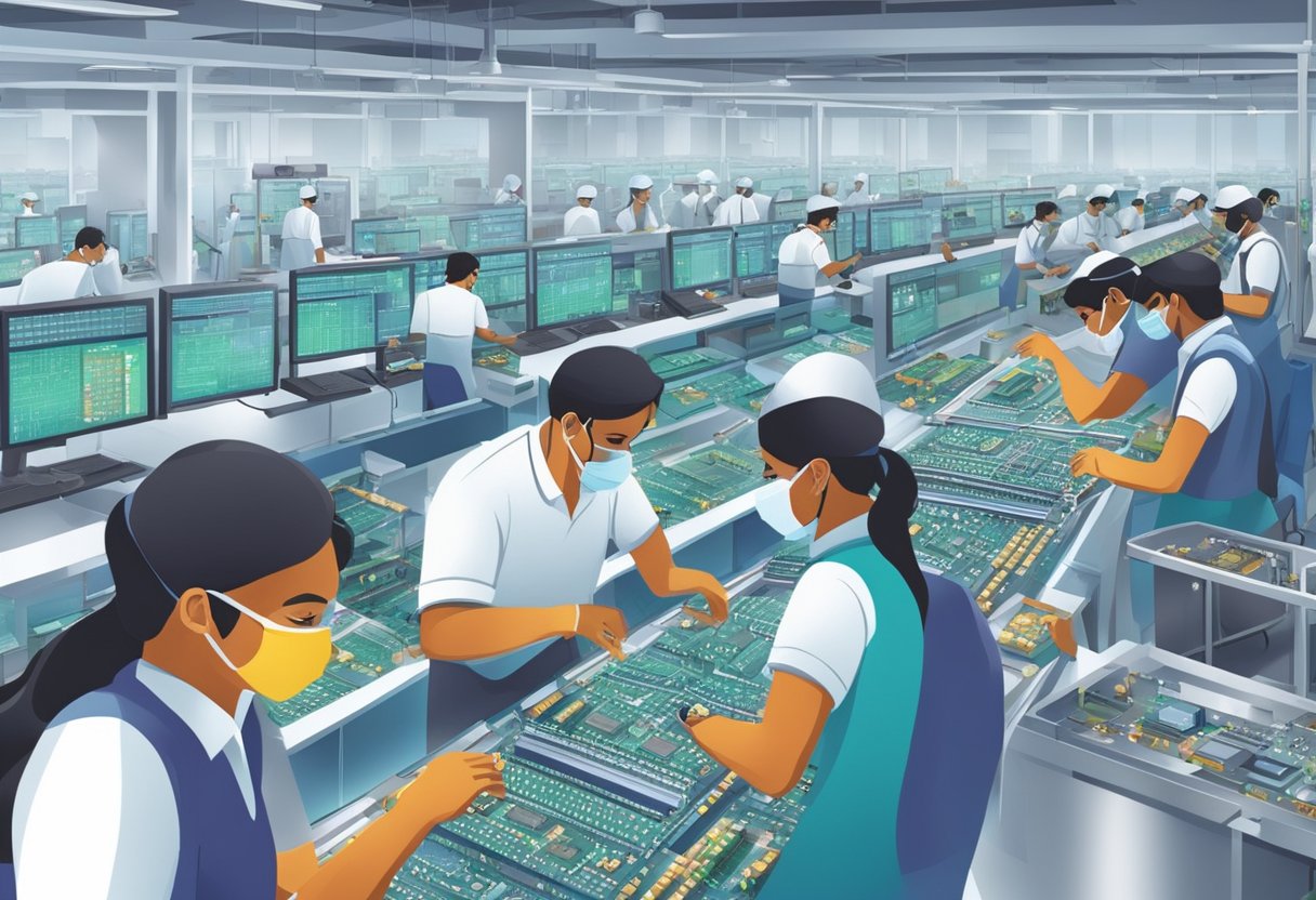 A bustling semiconductor chip factory in India, with workers and machines producing chips in a high-tech environment