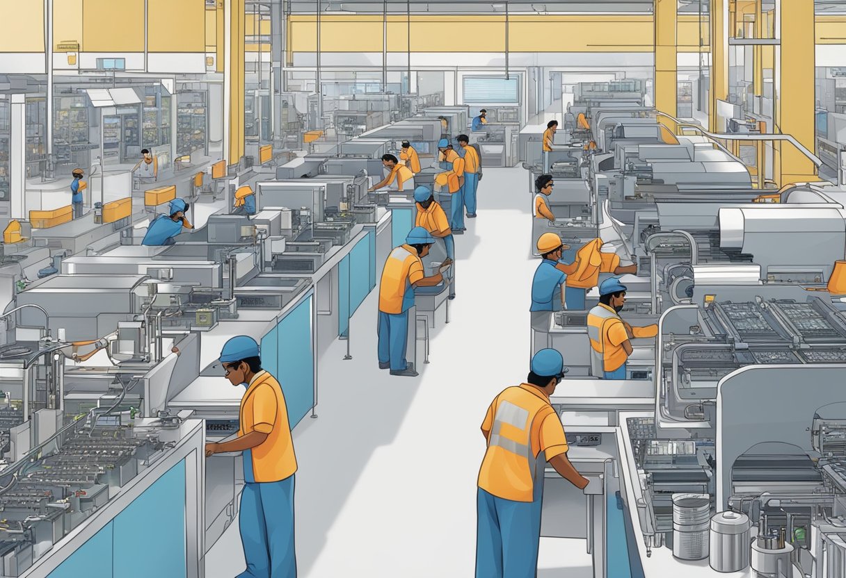 A bustling semiconductor chip factory in India with workers busy at their stations, machinery humming, and stacks of finished products ready for distribution