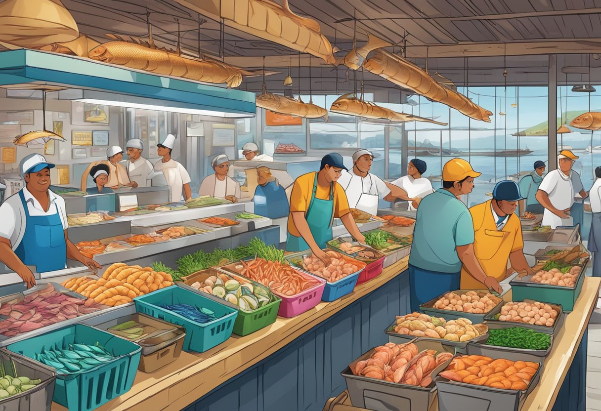 A bustling seafood market with colorful signs and fresh catches on display, customers browsing and asking questions to staff