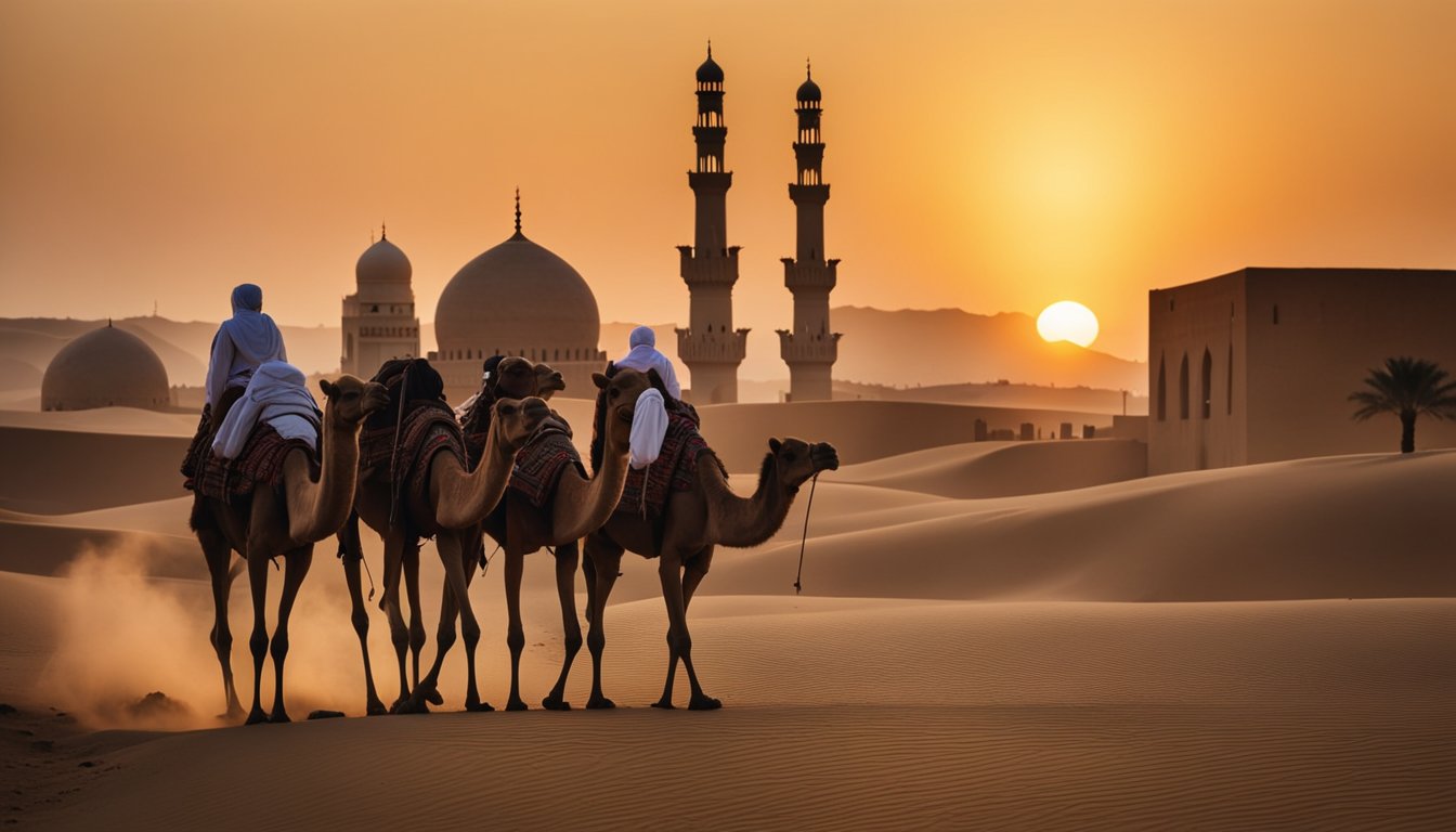 A camel caravan crosses the golden desert, passing by ancient ruins and traditional Kuwaiti architecture. The sun sets behind a majestic mosque, casting a warm glow over the bustling marketplace