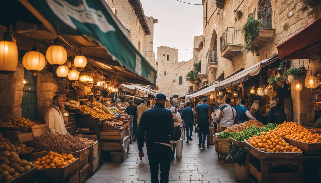 The bustling streets of Jerusalem's Old City are lined with ancient stone buildings, narrow alleyways, and colorful market stalls, creating a vibrant and historic atmosphere for travelers to explore