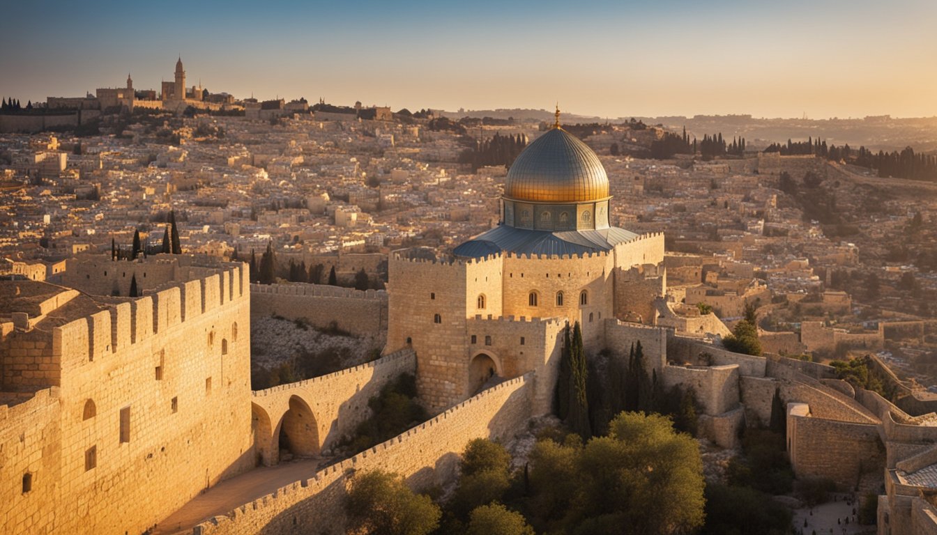 Sunset bathes the ancient walls of Jerusalem's Old City in a warm, golden glow. The imposing gates stand tall, while narrow cobblestone streets wind through the historic district