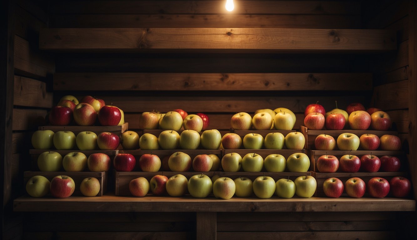 Various types of apples neatly stacked in rows on wooden shelves in a cool, dimly lit storage room