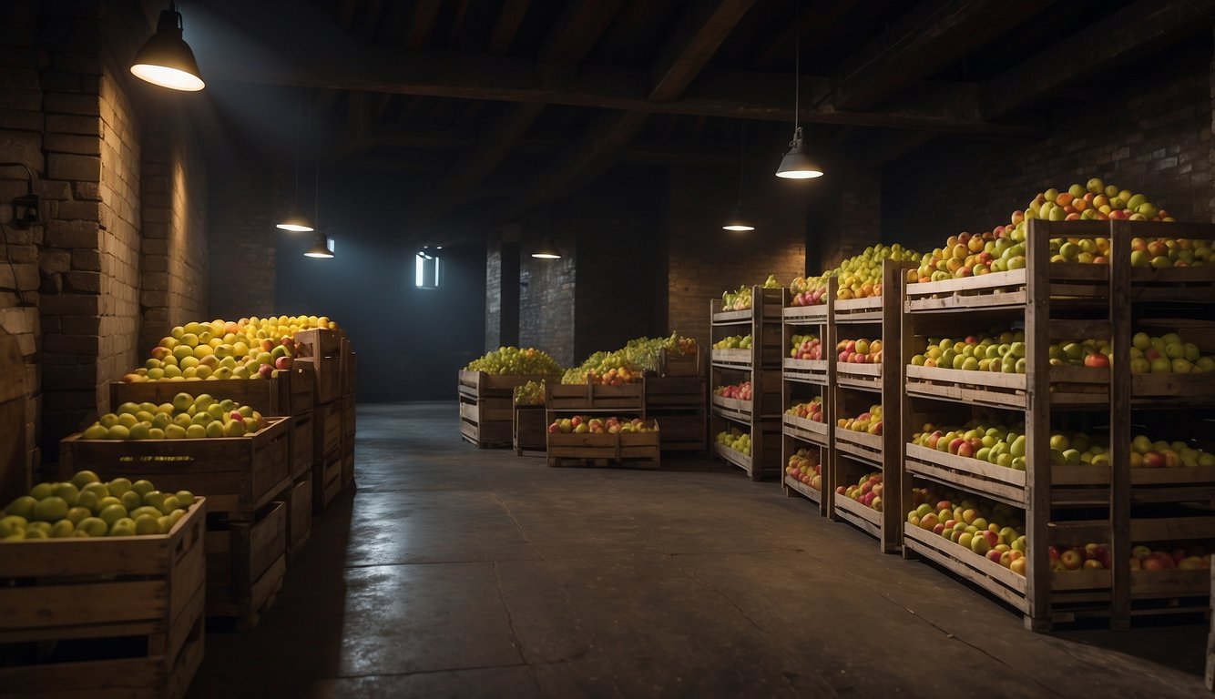 Fresh apples in a cool, dark cellar. Crates neatly stacked, with good air circulation. Temperature and humidity controlled