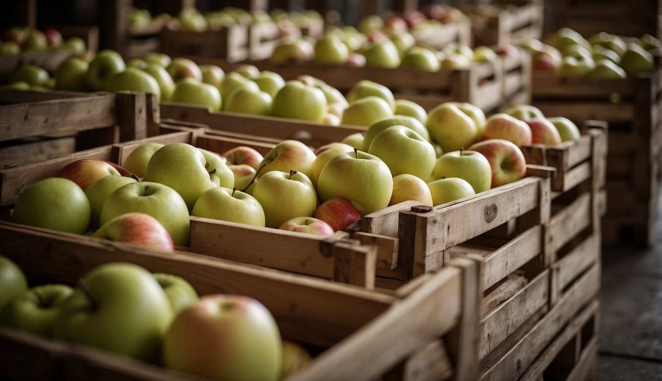 Apples neatly stacked in wooden crates, some wrapped in paper, others placed in individual compartments to prevent bruising. Temperature and humidity controls ensure long-term freshness