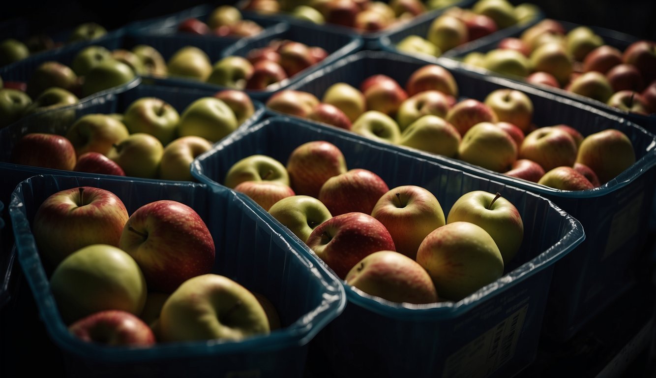 Fresh apples stored in a cool, dark place. Airtight containers or plastic bags used to prevent spoilage
