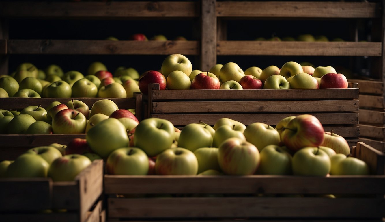Ripe apples neatly stacked in wooden crates, stored in a cool, dimly lit cellar