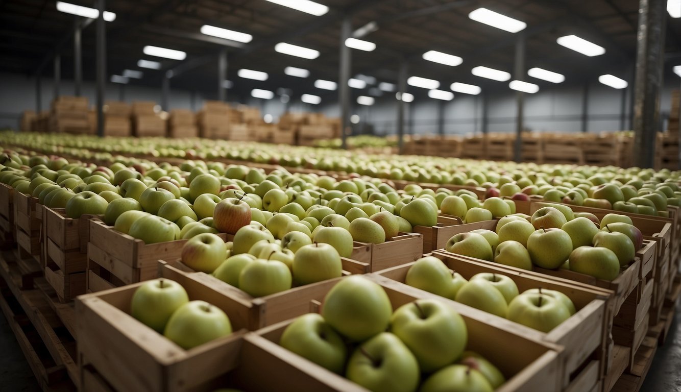 A modern warehouse with rows of neatly stacked crates filled with fresh, vibrant apples, each labeled with the Apple Quality logo